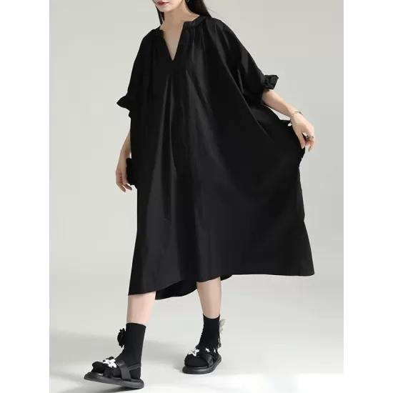 Adjustable Drawstring Pleated Solid Color Loose Raglan Sleeve V-Neck Shirt Dress Midi Dresses Adjustable Drawstring Pleated Solid Color Loose Raglan Sleeve V-Neck Shirt Dress Midi Dresses