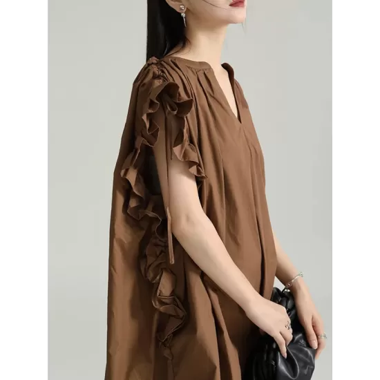 Adjustable Drawstring Pleated Solid Color Loose Raglan Sleeve V-Neck Shirt Dress Midi Dresses Adjustable Drawstring Pleated Solid Color Loose Raglan Sleeve V-Neck Shirt Dress Midi Dresses