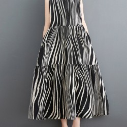Striped Loose Sleeveless Stand Collar Midi Dresses