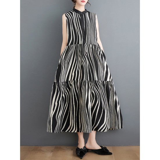 Striped Loose Sleeveless Stand Collar Midi Dresses Striped Loose Sleeveless Stand Collar Midi Dresses