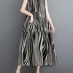 Striped Loose Sleeveless Stand Collar Midi Dresses