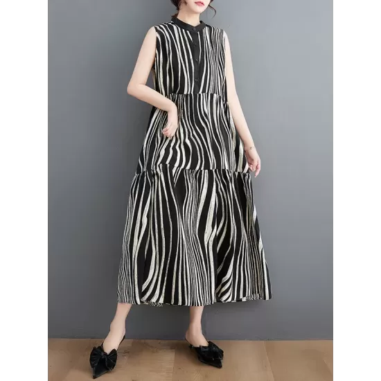 Striped Loose Sleeveless Stand Collar Midi Dresses Striped Loose Sleeveless Stand Collar Midi Dresses