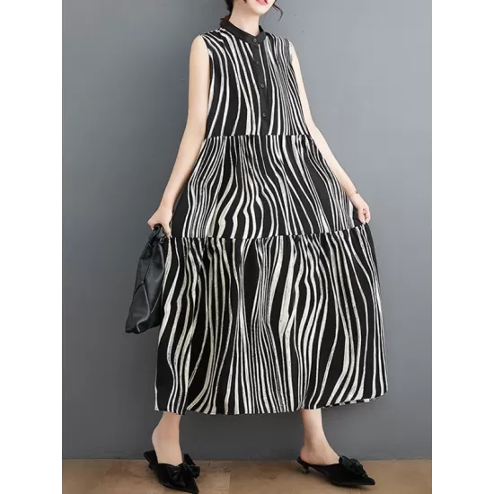 Striped Loose Sleeveless Stand Collar Midi Dresses Striped Loose Sleeveless Stand Collar Midi Dresses