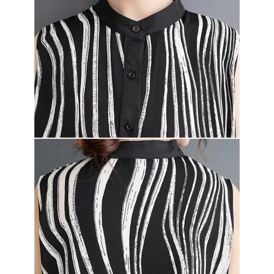 Striped Loose Sleeveless Stand Collar Midi Dresses Striped Loose Sleeveless Stand Collar Midi Dresses