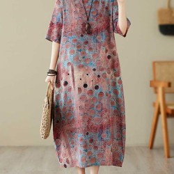 Contrast Color Polka-Dot Printed Half Sleeves Loose Round-Neck Midi Dresses