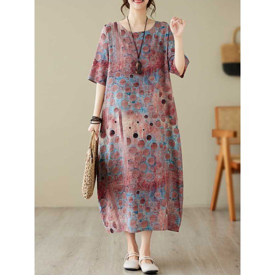 Contrast Color Polka-Dot Printed Half Sleeves Loose Round-Neck Midi Dresses Contrast Color Polka-Dot Printed Half Sleeves Loose Round-Neck Midi Dresses
