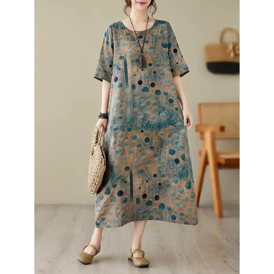 Contrast Color Polka-Dot Printed Half Sleeves Loose Round-Neck Midi Dresses Contrast Color Polka-Dot Printed Half Sleeves Loose Round-Neck Midi Dresses
