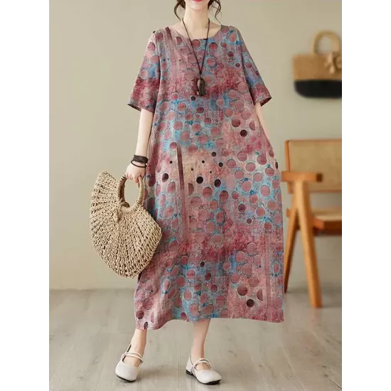 Contrast Color Polka-Dot Printed Half Sleeves Loose Round-Neck Midi Dresses Contrast Color Polka-Dot Printed Half Sleeves Loose Round-Neck Midi Dresses