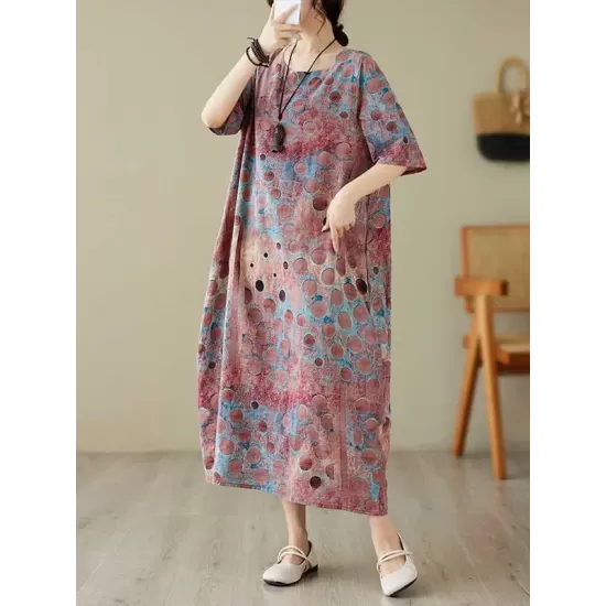 Contrast Color Polka-Dot Printed Half Sleeves Loose Round-Neck Midi Dresses Contrast Color Polka-Dot Printed Half Sleeves Loose Round-Neck Midi Dresses