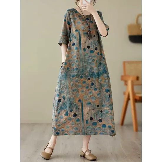 Contrast Color Polka-Dot Printed Half Sleeves Loose Round-Neck Midi Dresses Contrast Color Polka-Dot Printed Half Sleeves Loose Round-Neck Midi Dresses