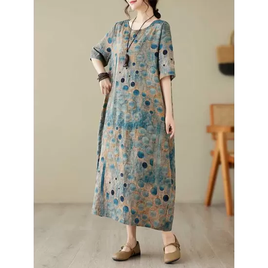 Contrast Color Polka-Dot Printed Half Sleeves Loose Round-Neck Midi Dresses Contrast Color Polka-Dot Printed Half Sleeves Loose Round-Neck Midi Dresses