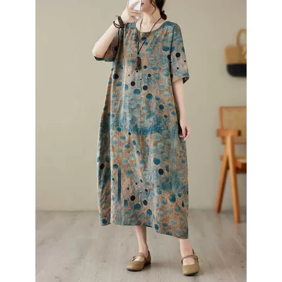 Contrast Color Polka-Dot Printed Half Sleeves Loose Round-Neck Midi Dresses Contrast Color Polka-Dot Printed Half Sleeves Loose Round-Neck Midi Dresses