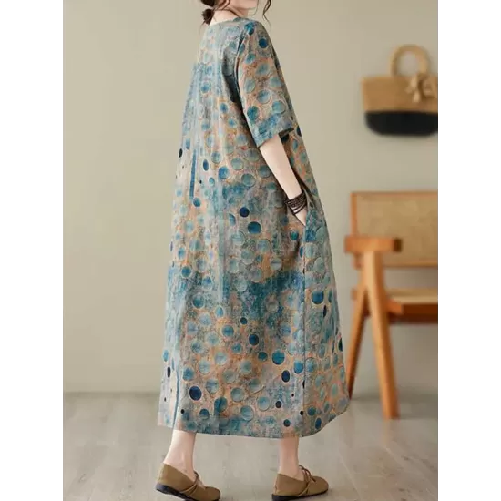 Contrast Color Polka-Dot Printed Half Sleeves Loose Round-Neck Midi Dresses Contrast Color Polka-Dot Printed Half Sleeves Loose Round-Neck Midi Dresses