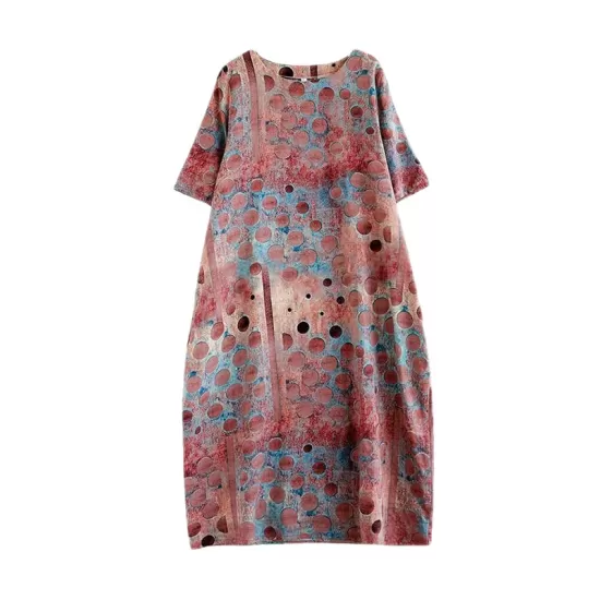 Contrast Color Polka-Dot Printed Half Sleeves Loose Round-Neck Midi Dresses Contrast Color Polka-Dot Printed Half Sleeves Loose Round-Neck Midi Dresses