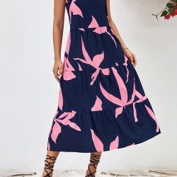 Contrast Color Floral Printed Loose Sleeveless Spaghetti-Neck Midi Dresses