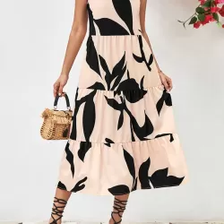 Contrast Color Floral Printed Loose Sleeveless Spaghetti-Neck Midi Dresses