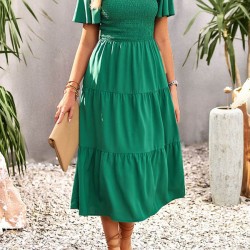 Elastics Solid Color Loose Short Sleeves Round-neck Midi Dresses