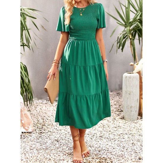 Elastics Solid Color Loose Short Sleeves Round-neck Midi Dresses Elastics Solid Color Loose Short Sleeves Round-neck Midi Dresses