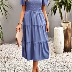 Elastics Solid Color Loose Short Sleeves Round-neck Midi Dresses