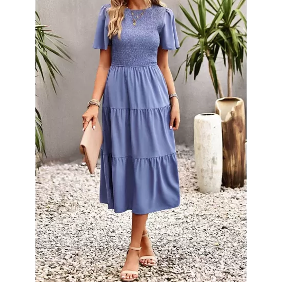 Elastics Solid Color Loose Short Sleeves Round-neck Midi Dresses Elastics Solid Color Loose Short Sleeves Round-neck Midi Dresses
