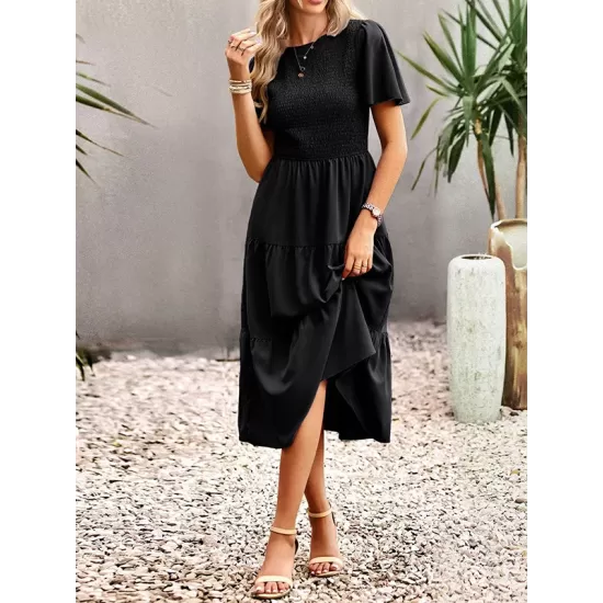 Elastics Solid Color Loose Short Sleeves Round-neck Midi Dresses Elastics Solid Color Loose Short Sleeves Round-neck Midi Dresses