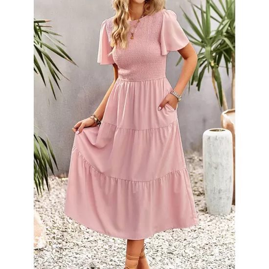 Elastics Solid Color Loose Short Sleeves Round-neck Midi Dresses Elastics Solid Color Loose Short Sleeves Round-neck Midi Dresses