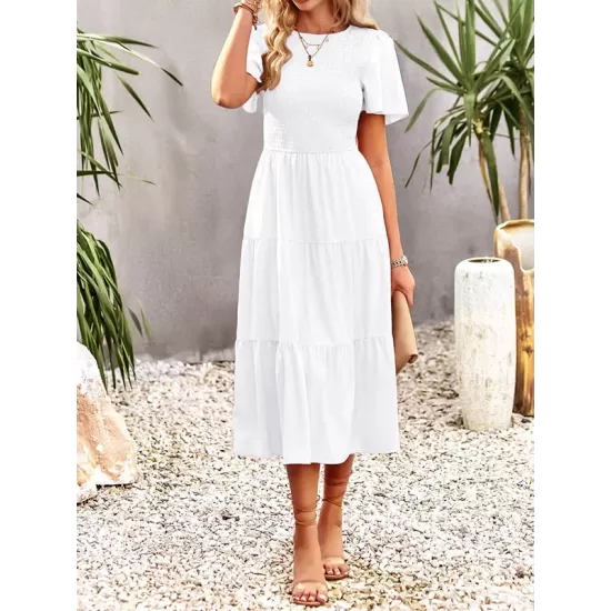 Elastics Solid Color Loose Short Sleeves Round-neck Midi Dresses Elastics Solid Color Loose Short Sleeves Round-neck Midi Dresses