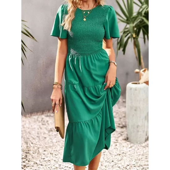 Elastics Solid Color Loose Short Sleeves Round-neck Midi Dresses Elastics Solid Color Loose Short Sleeves Round-neck Midi Dresses