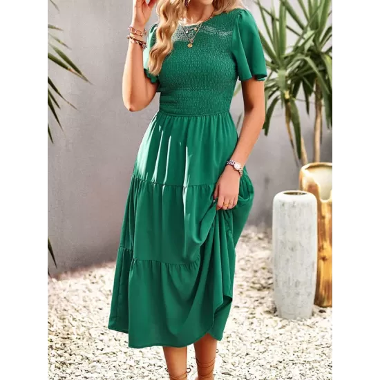 Elastics Solid Color Loose Short Sleeves Round-neck Midi Dresses Elastics Solid Color Loose Short Sleeves Round-neck Midi Dresses