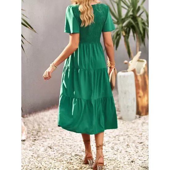 Elastics Solid Color Loose Short Sleeves Round-neck Midi Dresses Elastics Solid Color Loose Short Sleeves Round-neck Midi Dresses