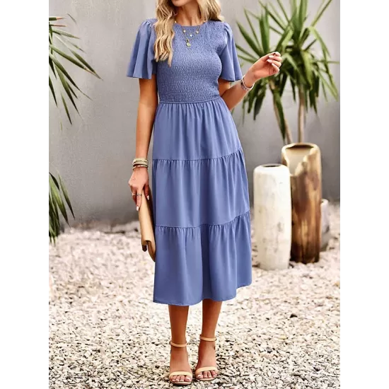 Elastics Solid Color Loose Short Sleeves Round-neck Midi Dresses Elastics Solid Color Loose Short Sleeves Round-neck Midi Dresses