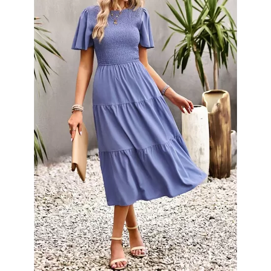 Elastics Solid Color Loose Short Sleeves Round-neck Midi Dresses Elastics Solid Color Loose Short Sleeves Round-neck Midi Dresses