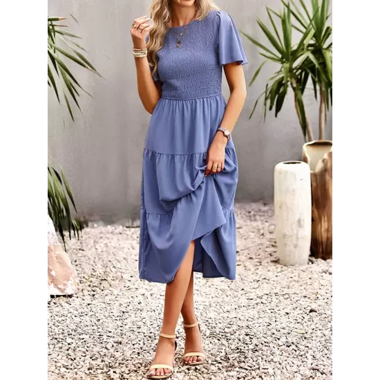 Elastics Solid Color Loose Short Sleeves Round-neck Midi Dresses Elastics Solid Color Loose Short Sleeves Round-neck Midi Dresses