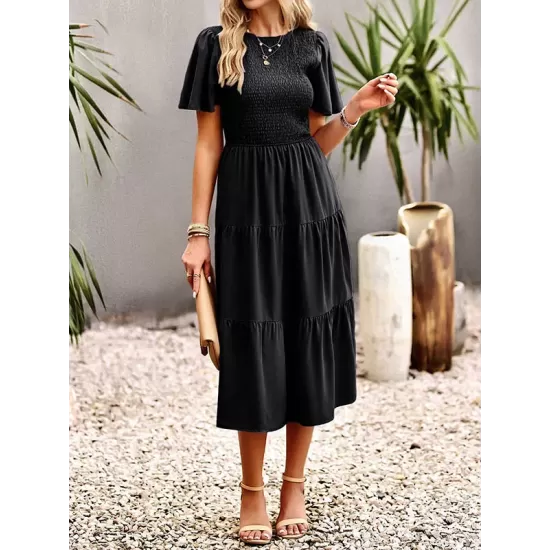 Elastics Solid Color Loose Short Sleeves Round-neck Midi Dresses Elastics Solid Color Loose Short Sleeves Round-neck Midi Dresses