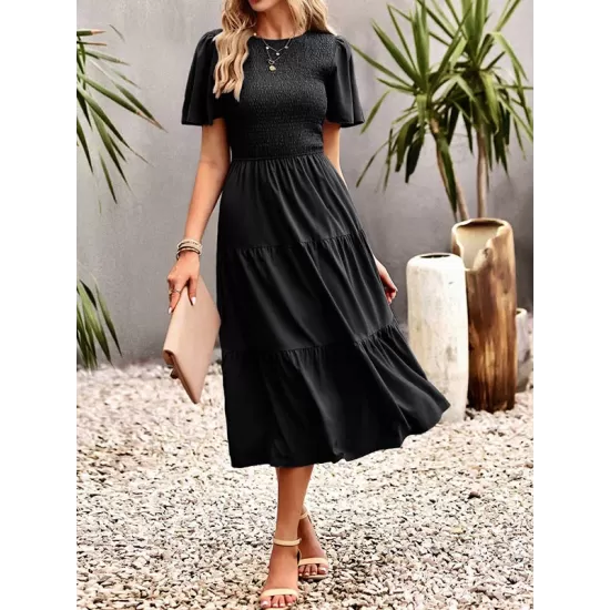 Elastics Solid Color Loose Short Sleeves Round-neck Midi Dresses Elastics Solid Color Loose Short Sleeves Round-neck Midi Dresses