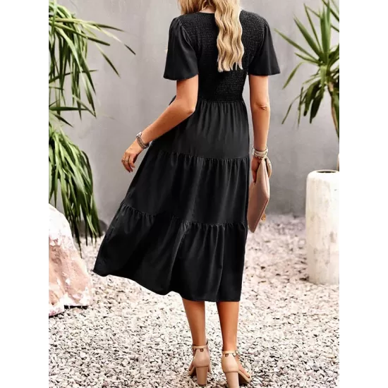 Elastics Solid Color Loose Short Sleeves Round-neck Midi Dresses Elastics Solid Color Loose Short Sleeves Round-neck Midi Dresses