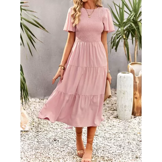 Elastics Solid Color Loose Short Sleeves Round-neck Midi Dresses Elastics Solid Color Loose Short Sleeves Round-neck Midi Dresses