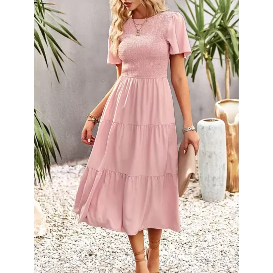 Elastics Solid Color Loose Short Sleeves Round-neck Midi Dresses Elastics Solid Color Loose Short Sleeves Round-neck Midi Dresses