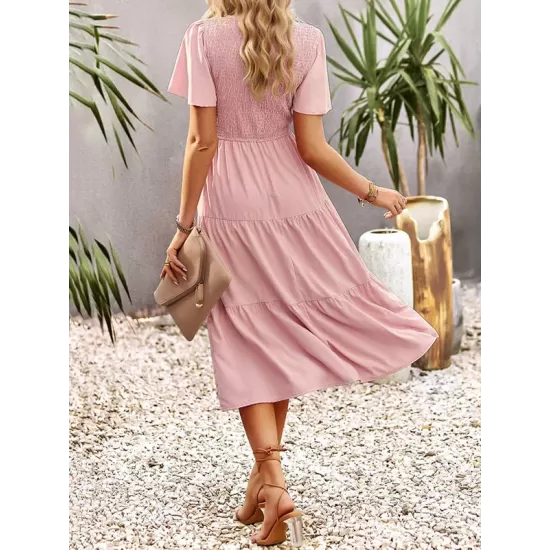 Elastics Solid Color Loose Short Sleeves Round-neck Midi Dresses Elastics Solid Color Loose Short Sleeves Round-neck Midi Dresses