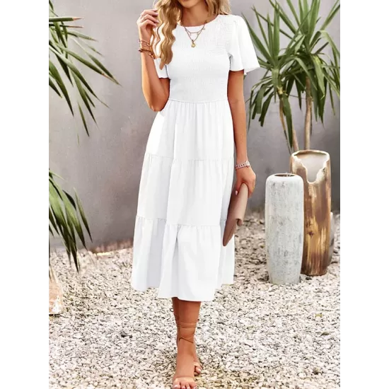 Elastics Solid Color Loose Short Sleeves Round-neck Midi Dresses Elastics Solid Color Loose Short Sleeves Round-neck Midi Dresses