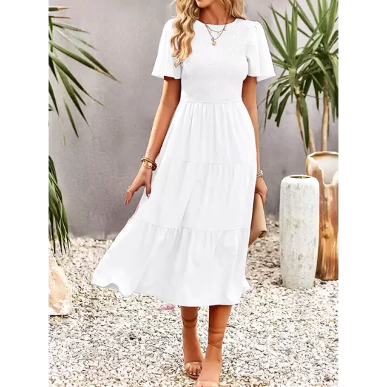 Elastics Solid Color Loose Short Sleeves Round-neck Midi Dresses Elastics Solid Color Loose Short Sleeves Round-neck Midi Dresses