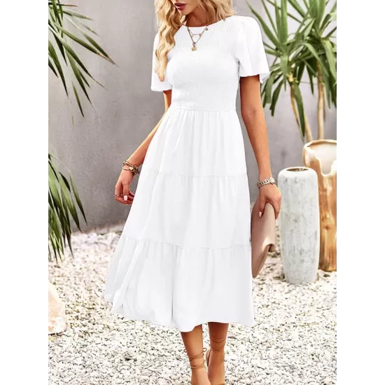Elastics Solid Color Loose Short Sleeves Round-neck Midi Dresses Elastics Solid Color Loose Short Sleeves Round-neck Midi Dresses