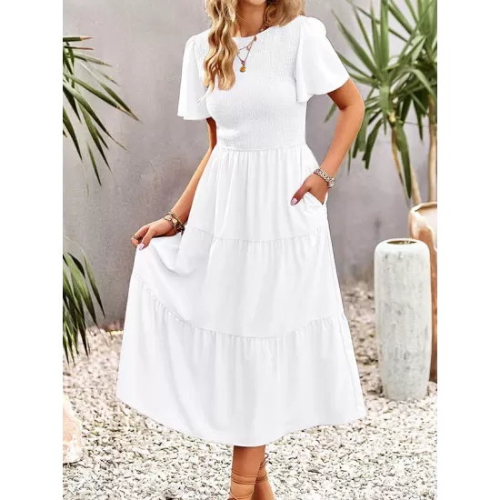 Elastics Solid Color Loose Short Sleeves Round-neck Midi Dresses Elastics Solid Color Loose Short Sleeves Round-neck Midi Dresses