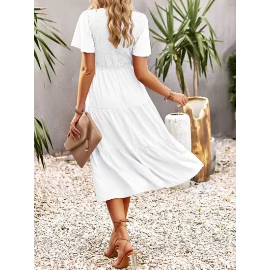 Elastics Solid Color Loose Short Sleeves Round-neck Midi Dresses Elastics Solid Color Loose Short Sleeves Round-neck Midi Dresses
