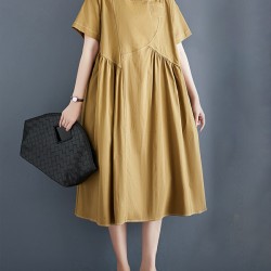 Asymmetric Pleated Pockets Solid Color Split-Joint A-line Loose Round-neck Midi Dresses