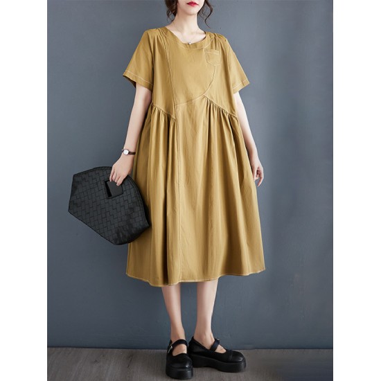 Asymmetric Pleated Pockets Solid Color Split-Joint A-line Loose Round-neck Midi Dresses Asymmetric Pleated Pockets Solid Color Split-Joint A-line Loose Round-neck Midi Dresses