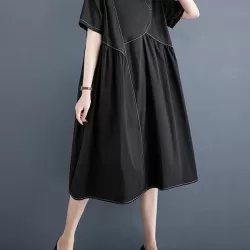 Asymmetric Pleated Pockets Solid Color Split-Joint A-line Loose Round-neck Midi Dresses