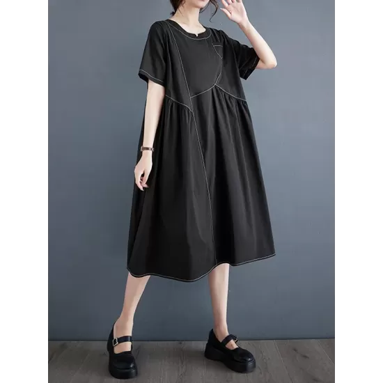Asymmetric Pleated Pockets Solid Color Split-Joint A-line Loose Round-neck Midi Dresses Asymmetric Pleated Pockets Solid Color Split-Joint A-line Loose Round-neck Midi Dresses