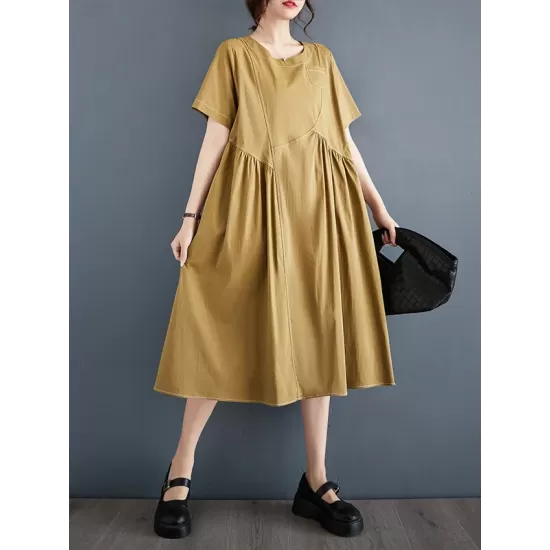 Asymmetric Pleated Pockets Solid Color Split-Joint A-line Loose Round-neck Midi Dresses Asymmetric Pleated Pockets Solid Color Split-Joint A-line Loose Round-neck Midi Dresses