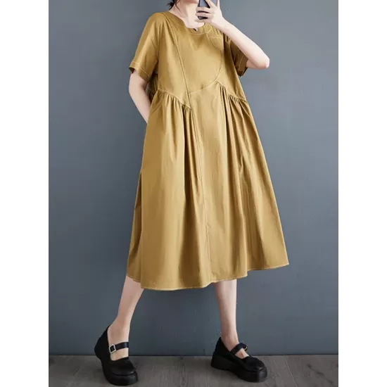 Asymmetric Pleated Pockets Solid Color Split-Joint A-line Loose Round-neck Midi Dresses Asymmetric Pleated Pockets Solid Color Split-Joint A-line Loose Round-neck Midi Dresses